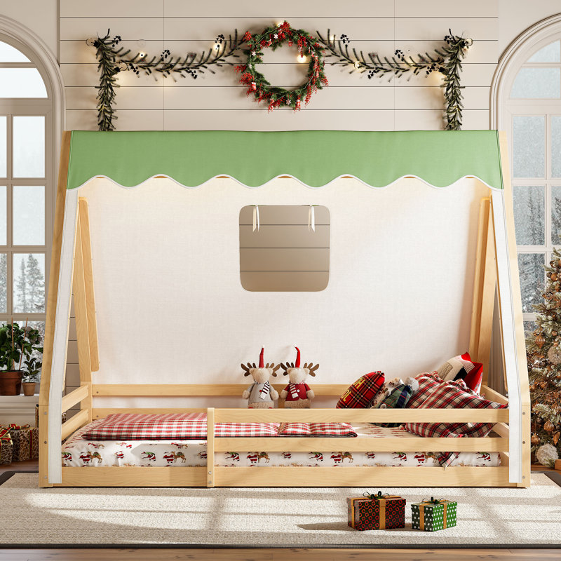 Lit pour enfant Montessori avec tente et lumière Montepori, Double, Naturel / Vert