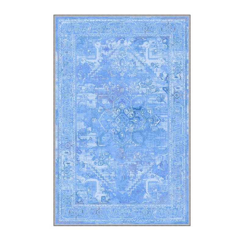 Tapis oriental en polyester bleu Dunham, Tapis de couloir 2 pi 7 po x 9 pi 10 po
