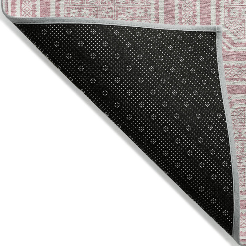 Pink and White Rectangular Washable Synthetic Rug