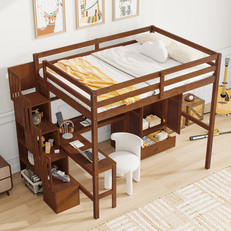 Kids Full Solid Wood Loft Bed with Desk, Charging Station, Bookshelves and Wardrobe, Walnut