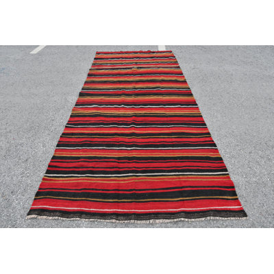 Grand kilim turc rétro de style bohémien avec motif rayé pour un décor intérieur unique noir / rouge
