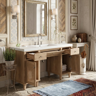 Meuble-lavabo moderne 60 po sans barrière avec lavabo SMC, armoire en bois de pin avec portes et tiroirs en rotin (bois / blanc)