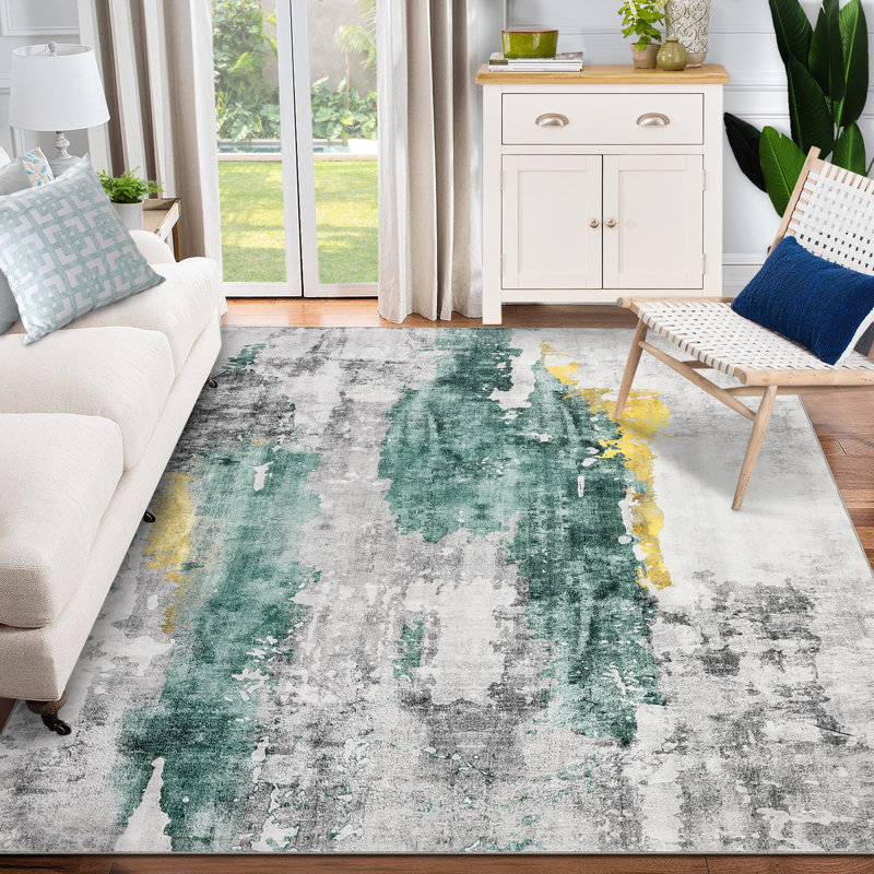 Modern Abstract Area Rug – Soft Low Pile, Machine Washable, Non-Slip, Non-Shedding, Mark Resistant – Yellow-Green Hue, 5x7ft