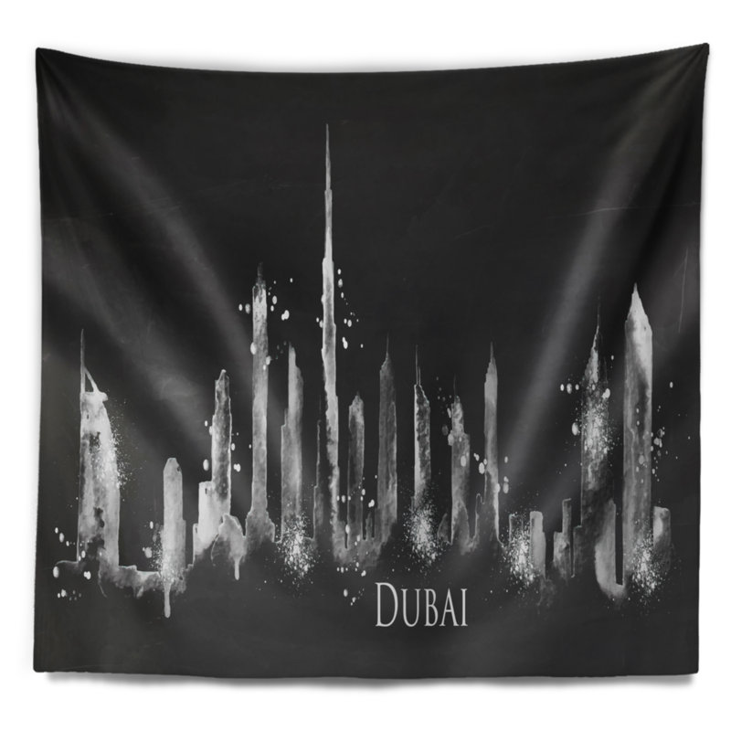Paysage urbain tapisserie silhouette noire de dubaï, H 32 po x l 39 po