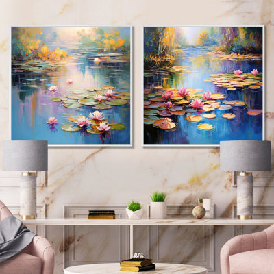 Bleu et vert Monets Lake Reflections I - Lake Wall Art, ensemble de salon de 2