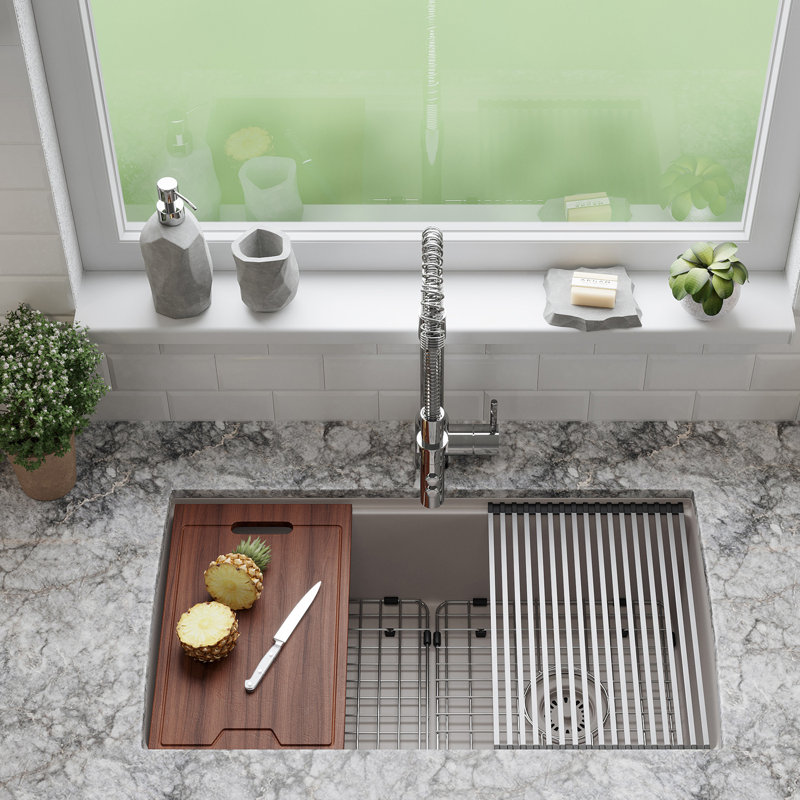 LEXICON 33" x 22" Workstation Kitchen Sink, Platinum Quartz Kitchen Sink, Single Bowl Sink, Drop-in Sink, Undermount Sink, Granite Kitchen Sink, with wooden cutting board, rollup drain mat, Steel Grids and Basket Strainer, Disposal Flange