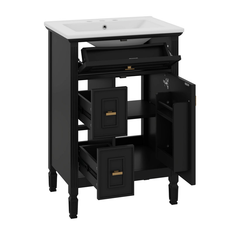 Meuble-lavabo 24 po avec lavabo, meuble-lavabo avec un tiroir rabattable et deux tiroirs, tablette réglable, Noir