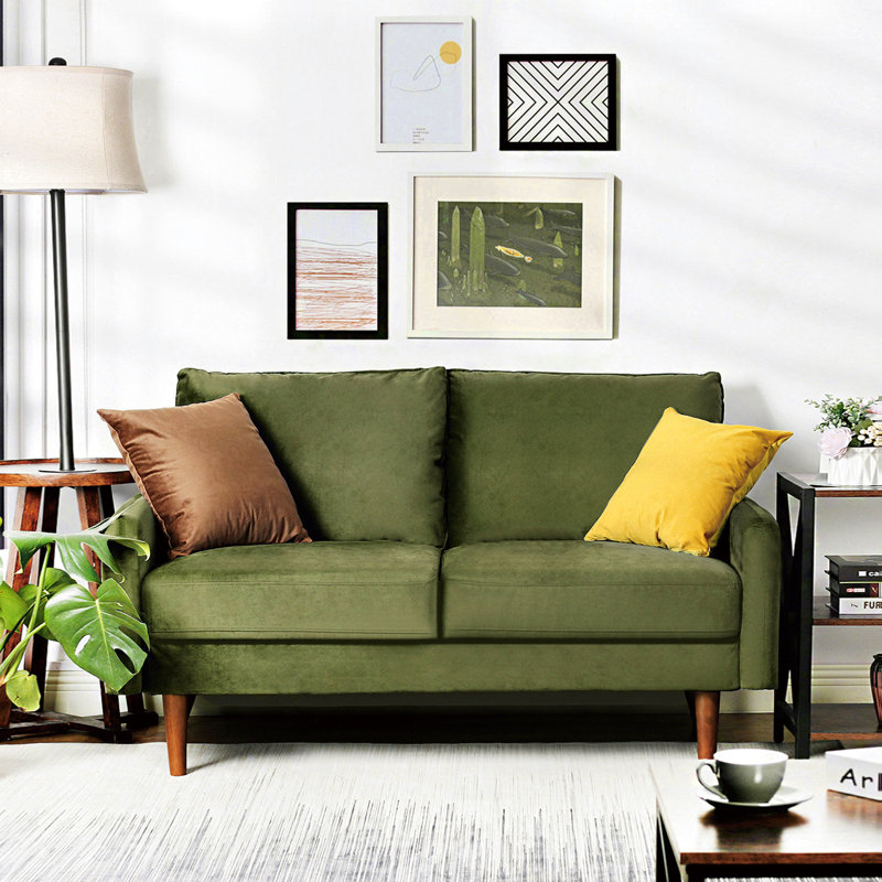 Everly Quinn Hessville Sofa 56" Velvet Round Arm Loveseat, Army Green Velvet