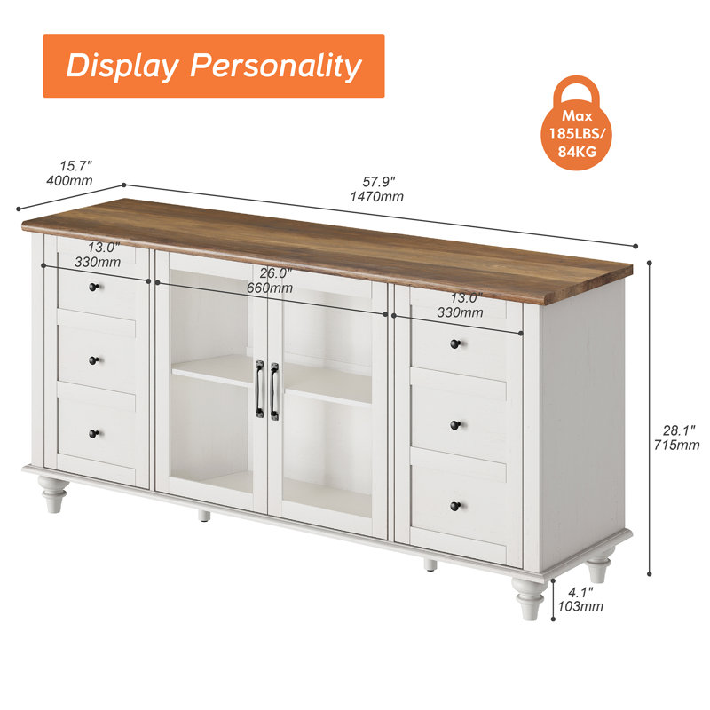 Buffet à porte vitrée - Armoire de rangement pour la cuisine et le salon, Blanc / Brun
