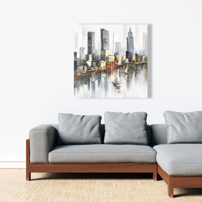 Aquarelle de style ville avec bateaux - Art sur toile moderne pour la maison