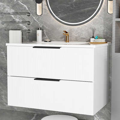 White 36 Inch Floating Wall Mounted Bathroom Vanity With Ceramic Sink And Two Drawers, U Shaped First Drawer, Ample Storage Capacity, Multilayered Board, Quick Assembly Steps Instructions