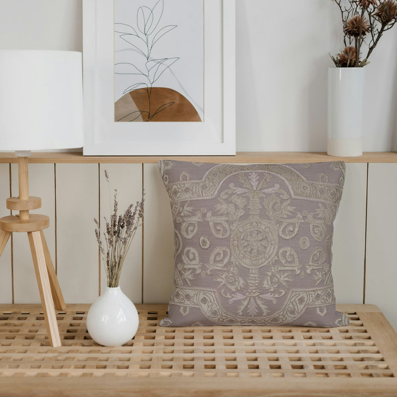 Square Brown and Cream Velvet Applique Embroidered Linen Pillow