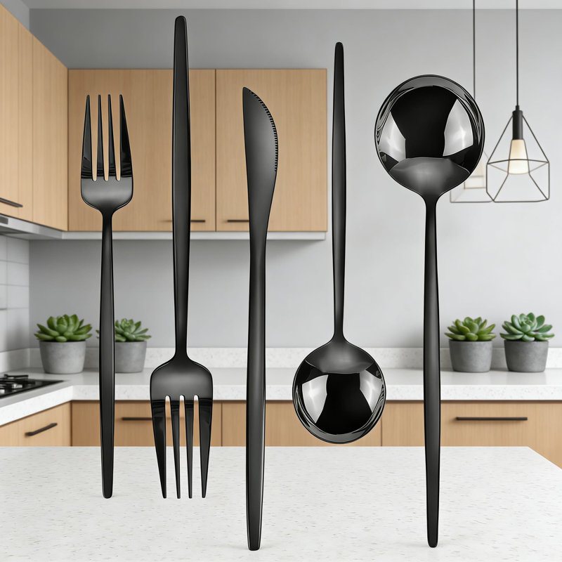 Ensemble de couverts 40 pièces noir miroir, ensemble de couverts en acier inoxydable pour 8 personnes, comprend des couteaux de table, des fourchettes et des cuillères, un ensemble de couverts moderne pour la cuisine de restaurant à domicile, une finition polie miroir