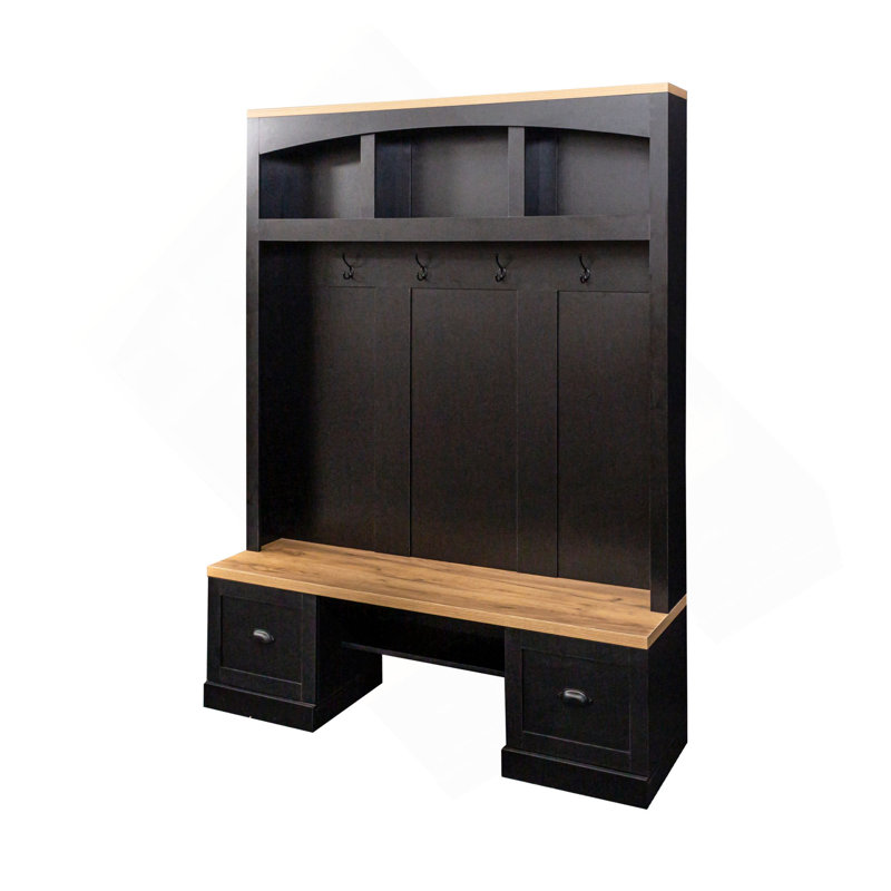 4-in-1 Hall Tree With Wood Grain Bench, Coat Rack, Bottom Cabinets And Adjustable Shelves, Black