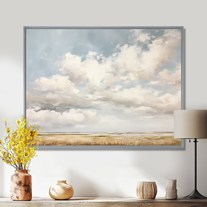 Nuage blanc paysage minimaliste - décoration murale nuages, H 12 po x l 20 po x P 1 po, Encadrement argenté
