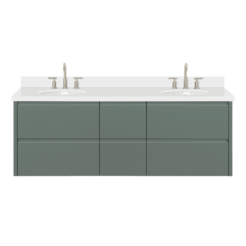   Ensemble de meuble-lavabo mural ovale double avec comptoir en quartz blanc pur de 61 po Ensembles de 61 po, Ovale