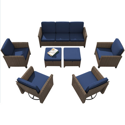 7-Piece Outdoor Wicker Sofa Set - 2 Single & 2 Swivel Chairs, 1 Three-Seat Sofa, 2 Ottomans, All-Weather High Back with Comfy Cushions