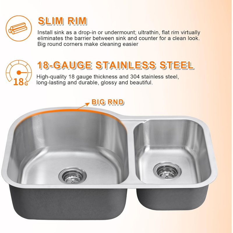 18 Gauge Stainless Steel 31.5 inch Undermount Kitchen Sink One and Half Bowl, 31.5" x 20.5" x 9"