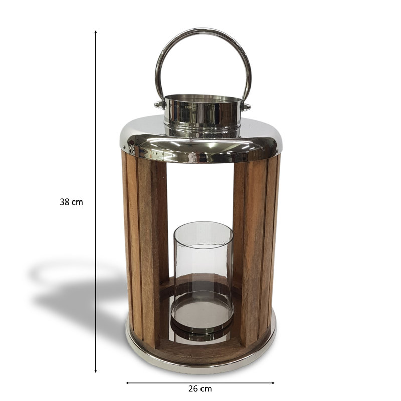Mango Wood and Stainless Steel Lantern - Glass Hurricane Candle Holder - Rustic Modern Decorative Lantern for Home Accessories