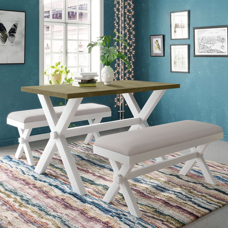 Ensemble de 3 tables de salle à manger en bois rustique avec 2 bancs rembourrés, Vert, Blanc