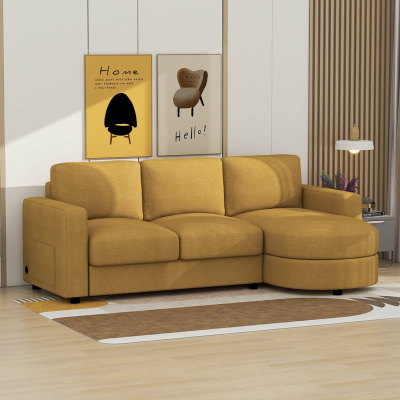 Canapé modulaire moderne en L avec méridienne incurvée, ports USB et poches de rangement latérales, Jaune