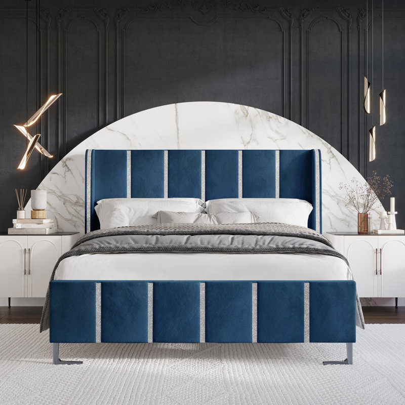 Lit tapissier standard à profil bas Laimdota, Double, Bleu marine