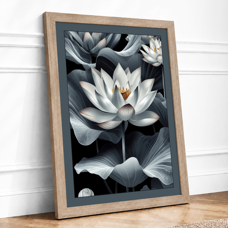 Moonlit Lotus Bloom Botanical - Framed Print, A1 - 84.1 x 59.4 cm, Oak