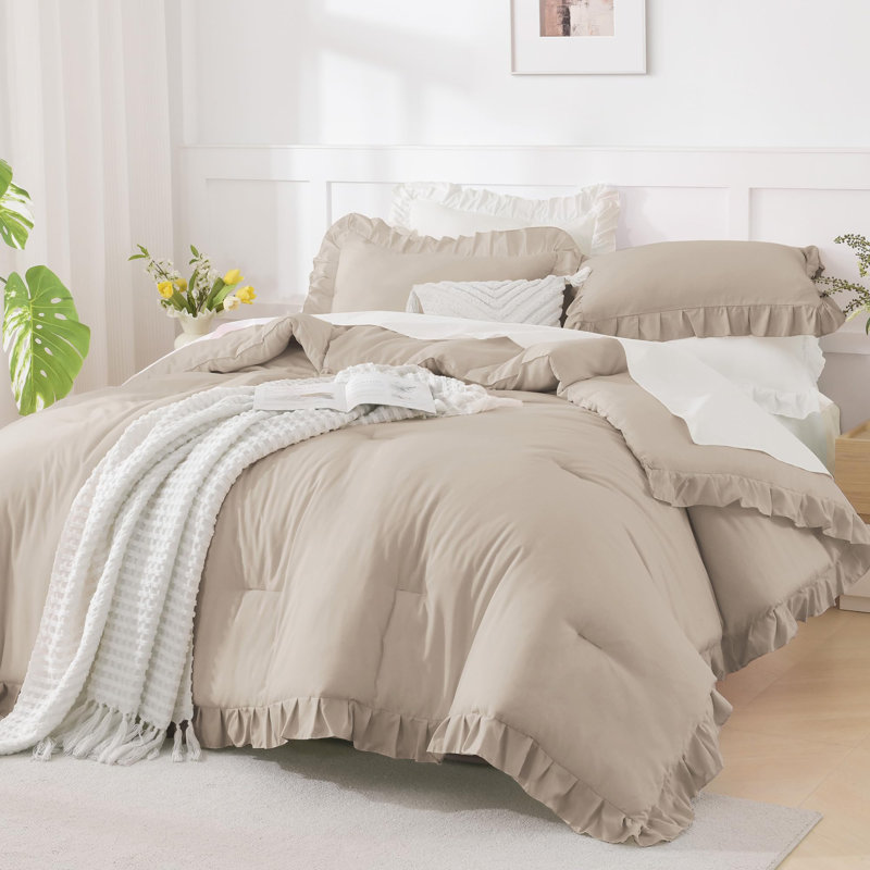 Andency Oversized King Comforter Set 120x98, 3 Pieces Ruffle Shabby Chic Famhouse Bedding Set, All Season Lightweight Fluffy Bed Set for Girls Women, Khaki