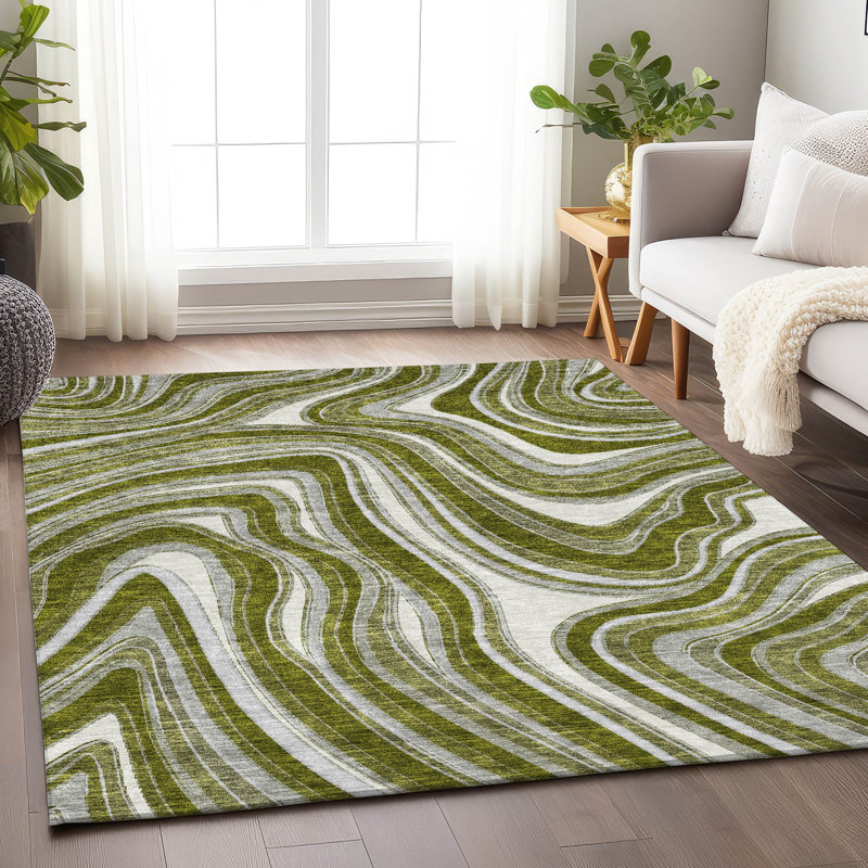 Premium Machine Washable Prisco Olive Rug, Rectangle 10' x 14'