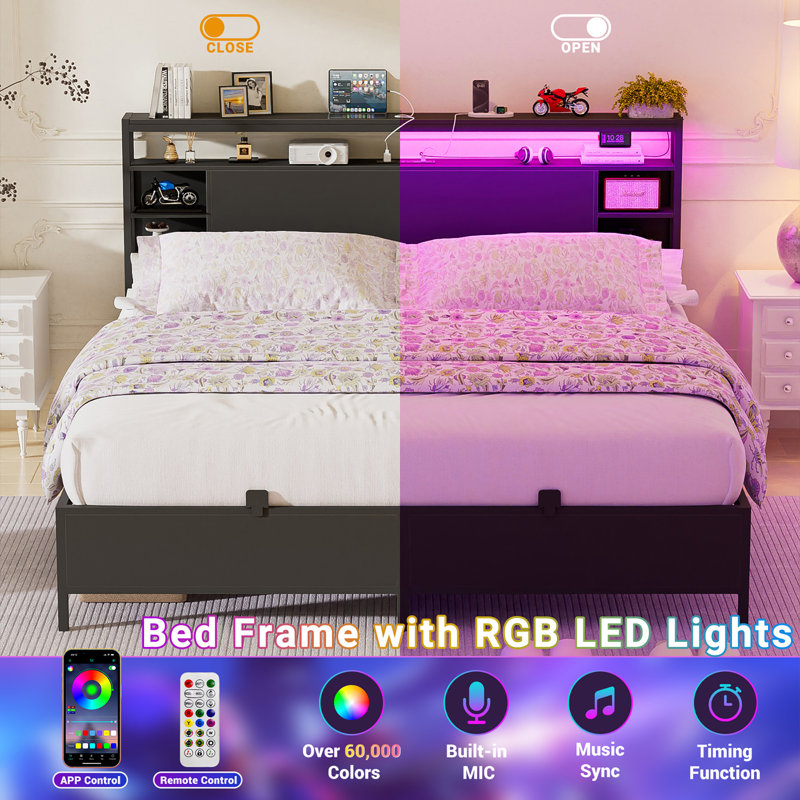 Bed Frame With Charging Station And RGB LED Lights, Headboard With Storage No Box Spring Needed, Queen, Black
