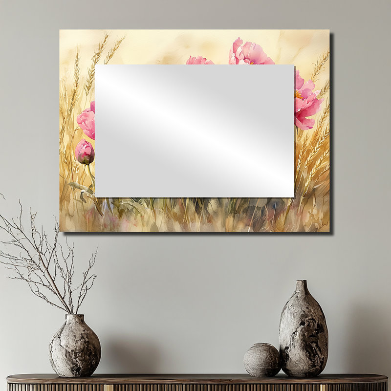 Peonies In The Wheatgrass Field I - Floral Accent Wall Mirror - Printed On Metal, 24" x 32"