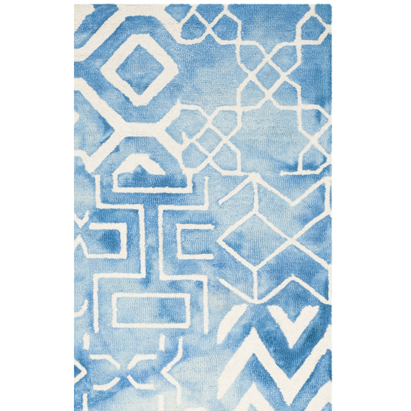 Dip Dye Hand Tufted Wool/Cotton Geometric Rug in Ivory/Blue, Rectangle 2' x 3'