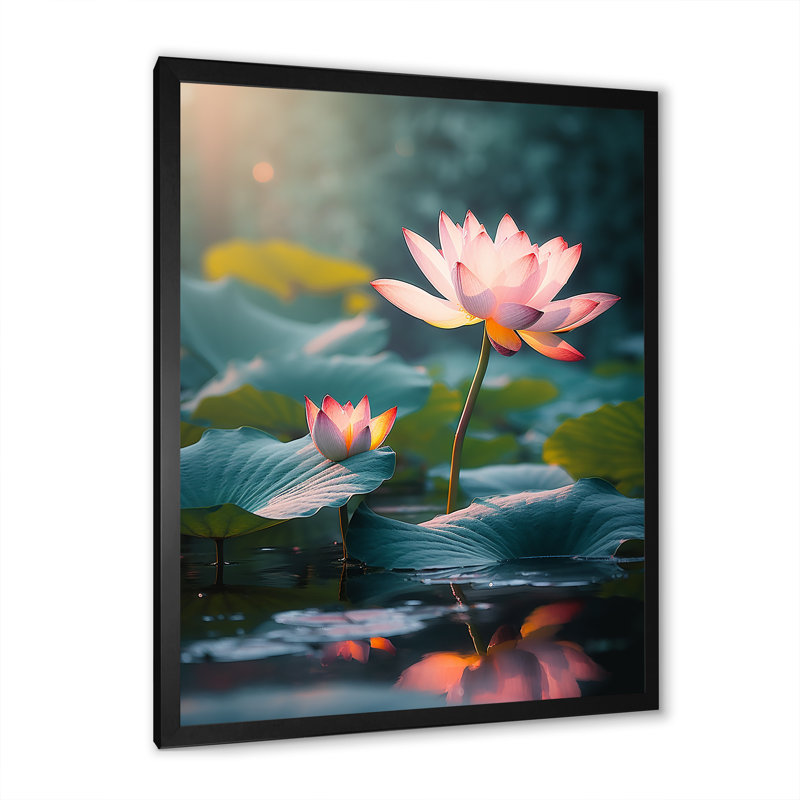 «Lotus Pond At Sunset I», reproduction sur toile, Cadre simple noir, H 32 po x l 16 po x P 1 po