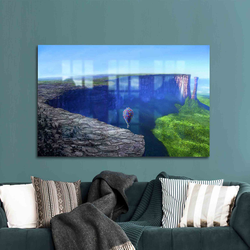 Art mural paysage surréel fabriqué à la main avec scène de maison en verre vibrant pour une décoration intérieure unique