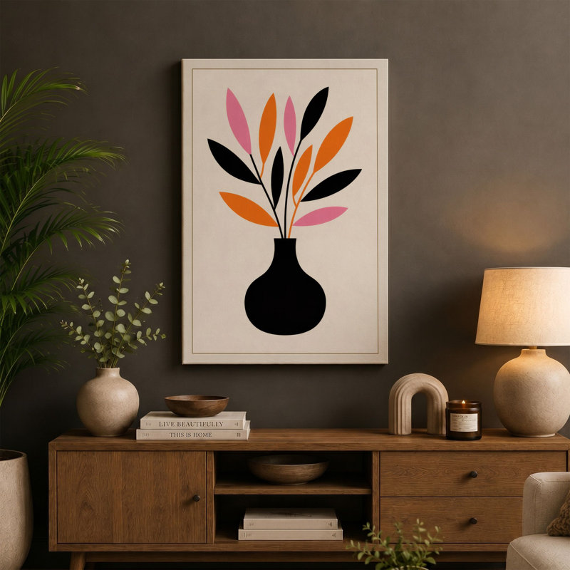 Vase with Radiating Leaves Mid-Century 1 Piece Wrapped Canvas Wall Art, 24x16 - 61.0 x 40.6 cm, Cream Border