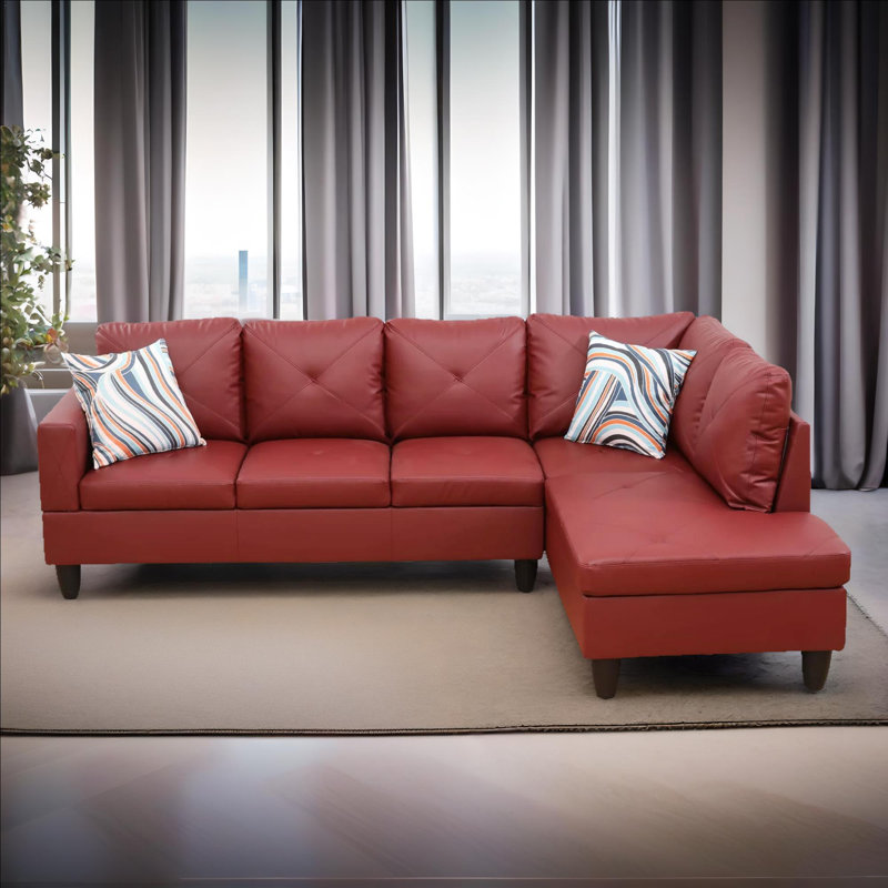 Ensemble de canapé modulaire en cuir 2 pièces avec méridienne Monaco, Similicuir rouge, Orienté à droite