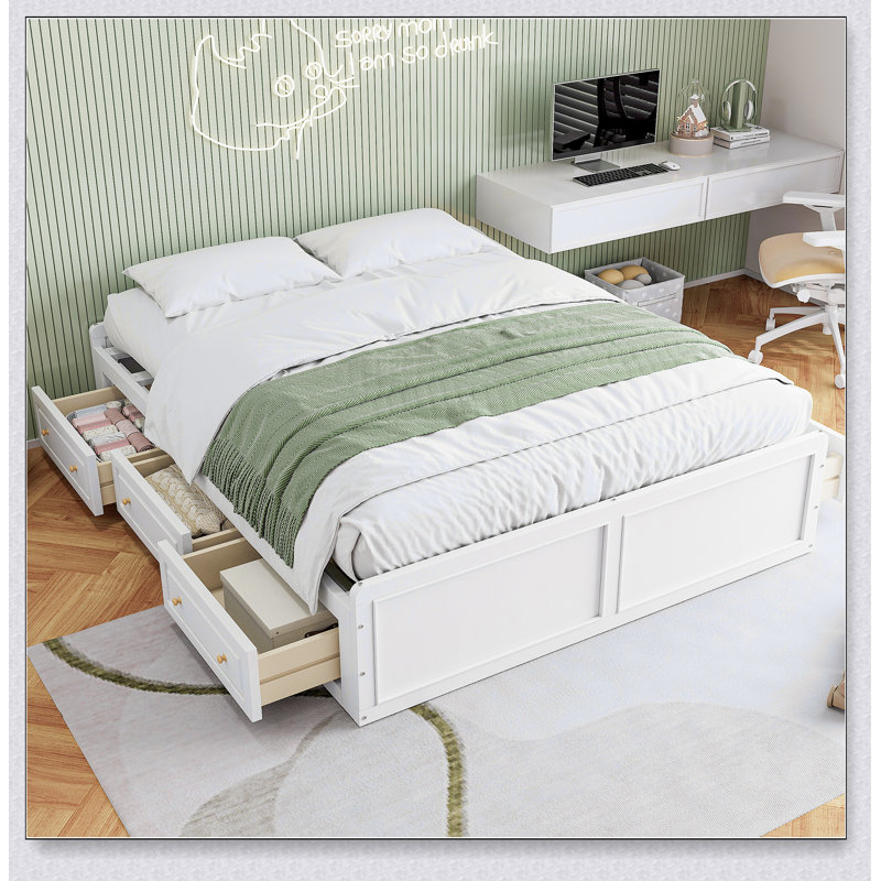 Structure de lit plateforme en bois avec 6 tiroirs, White