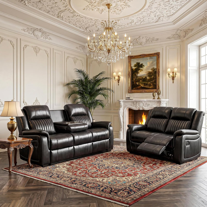 Ensemble de 2 fauteuils inclinables en similicuir brun foncé avec console centrale et porte-gobelets + causeuse entièrement assemblés