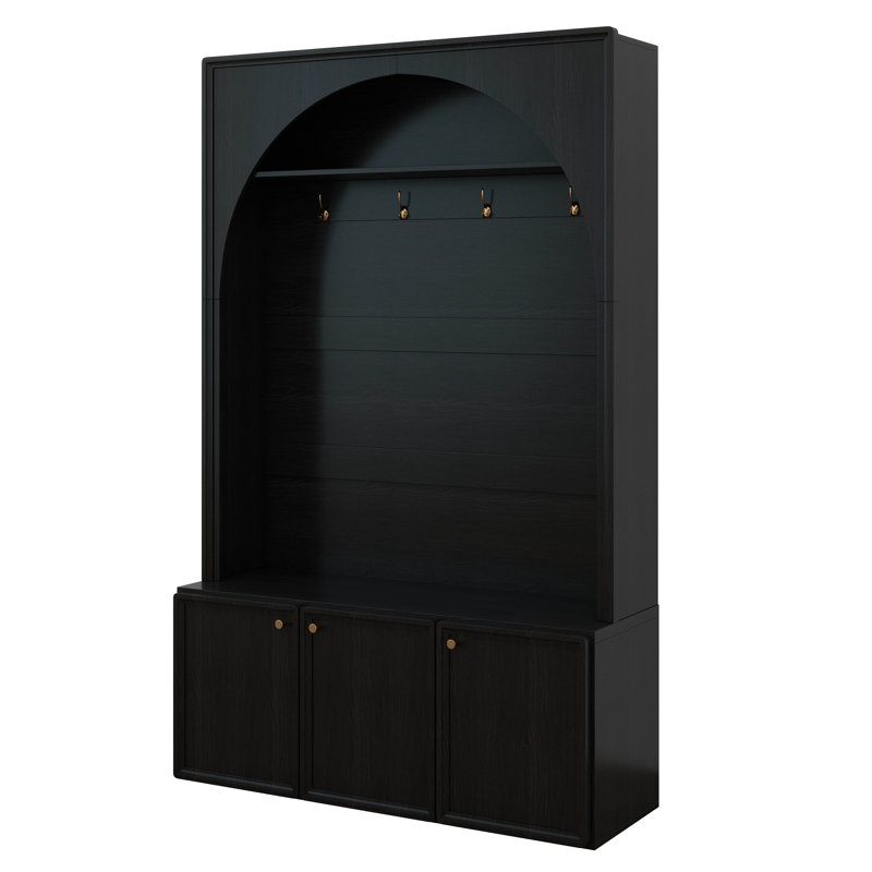 Arched Entryway Hall Tree With Bench And 3 Cabinets, Entryway Coat Rack With 4 Golden Hooks And Top Compartments, Black