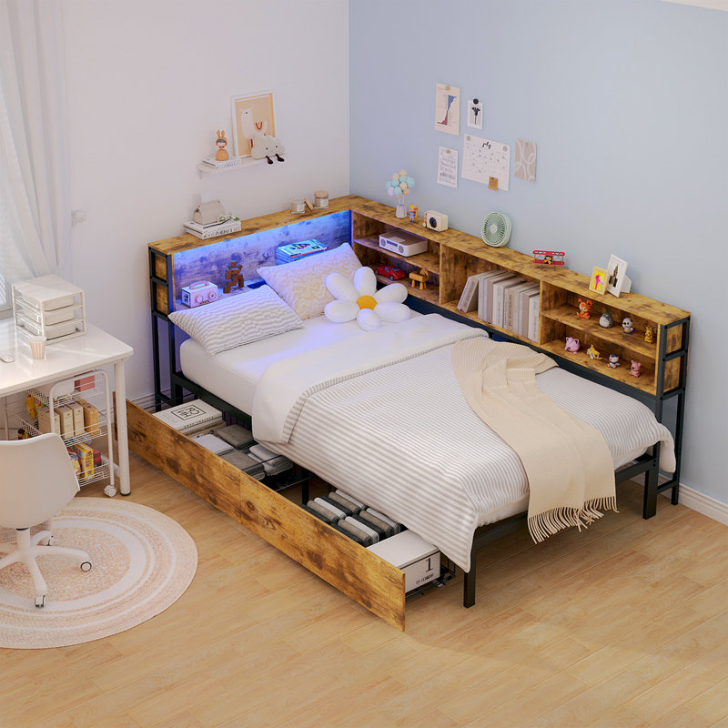 Corner Bed Frame With Storage Bookcase, Full, Brown