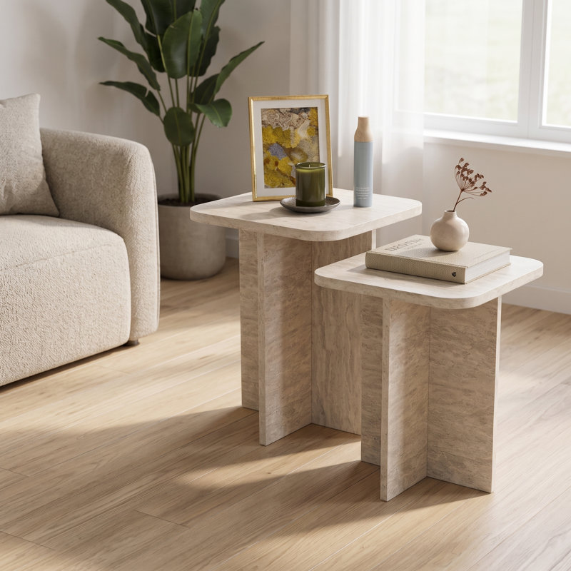 Ensemble de 2 tables d'appoint gigognes carrées imitation travertin, tables de chevet et petite table basse au style moderne effet pierre, idéales pour le salon, la chambre et les appartements.