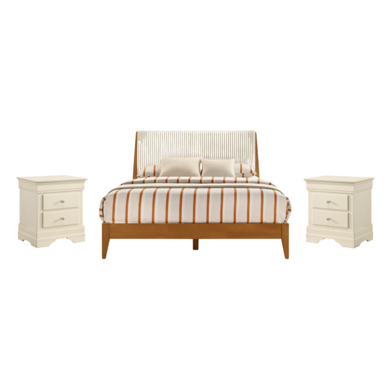 Barvelle Modern Solid Wood 3 Pieces Fully Assemble Bedroom Set, Amber Walnut/Ivory