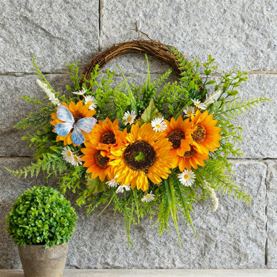 Couronne de tournesol pour la porte d'entrée, couronnes de printemps été de 17,7 po pour la décoration de tournesol de porte d'entrée, couronne de marguerite jaune toutes saisons pour porche de mur intérieur extérieur