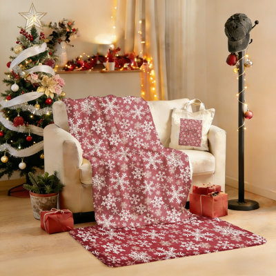 Ensemble de 4 pièces de flocons de neige 2025 Noël bourgogne: couverture en flanelle 30 po x 40 po + fourre-tout en toile 15,75 po x 13,78 po + bonnet en denim délavé + tapis en flanelle de 24 po x 16 po - Paquet cadeau festif