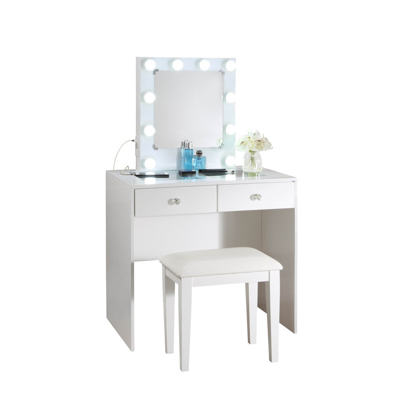Ensemble de coiffeuse et tabouret de maquillage blanc avec 10 lumières, port USB et prise de courant, Blanc