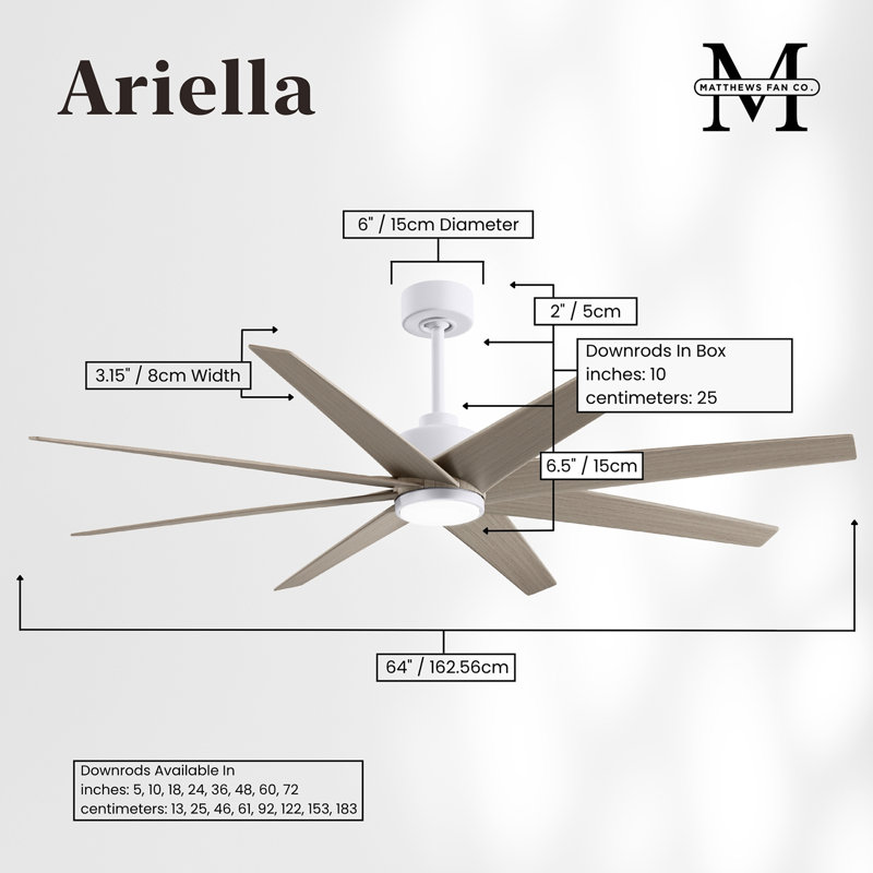 Ariella - Eight Blade Ceiling Fan - Integrated LED - Matte Black Finish - Matte White Blades, Matte White, Gray Ash Tone