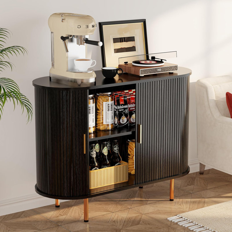 Mid Century Modern Fluted Sideboard Buffet Cabinet With Sliding Doors & Adjustable Shelf , Black, 29.5" x 40" W x 15.8" D