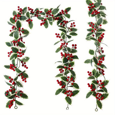 Paquet de 2 guirlandes de Noël, guirlande de baies rouges de 5,74 pi et de feuilles de houx, guirlande artificielle pour le foyer intérieur extérieur
