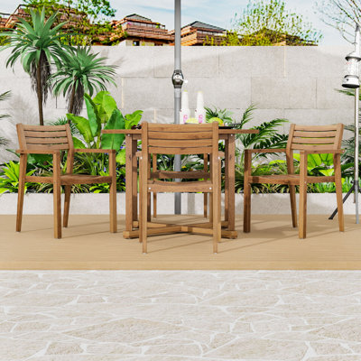 5Pcs Round Patio Dining Set with 47-Inch Table and 4 Slatted Chairs for Garden or Backyard