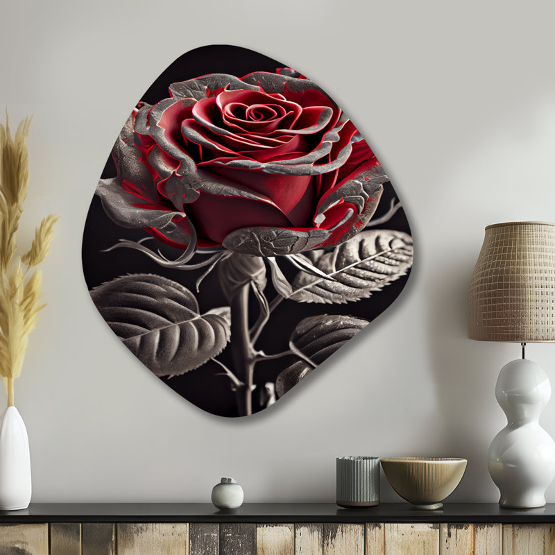 «Blossoming Rose» en rouge et gris I - art mural asymétrique en forme de nébuleuse florale, H 35 po x l 31 po